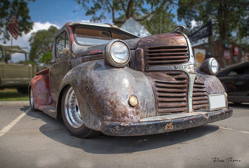 A 1940s Fargo pickup truck, featuring beautiful patinas that highlight its vintage character.