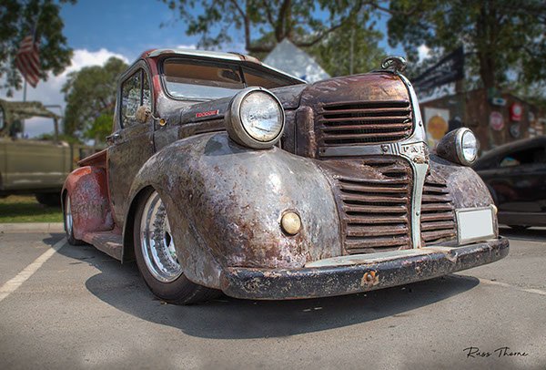 A 1940s Fargo pickup truck, featuring beautiful patinas that highlight its vintage character.